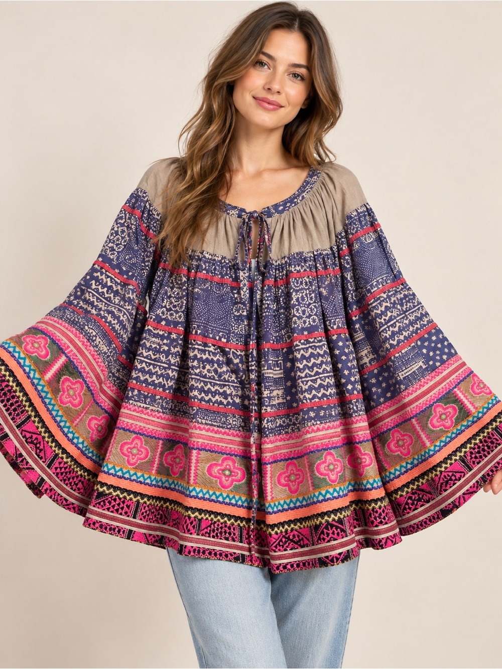 Boho Floral Swing Tunic in Navy and Pink